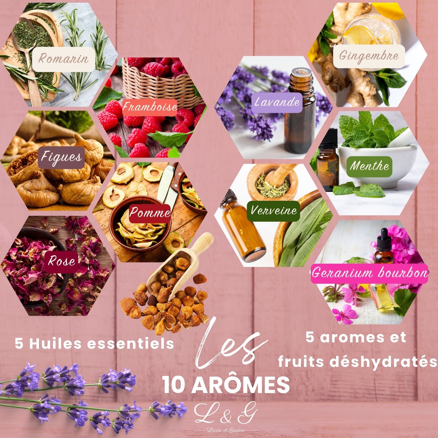 Les 10 arômes du kit thé : romarin, figues, rose, pomme, lavande, verveine. menthe, geranium bourbon, gingembre