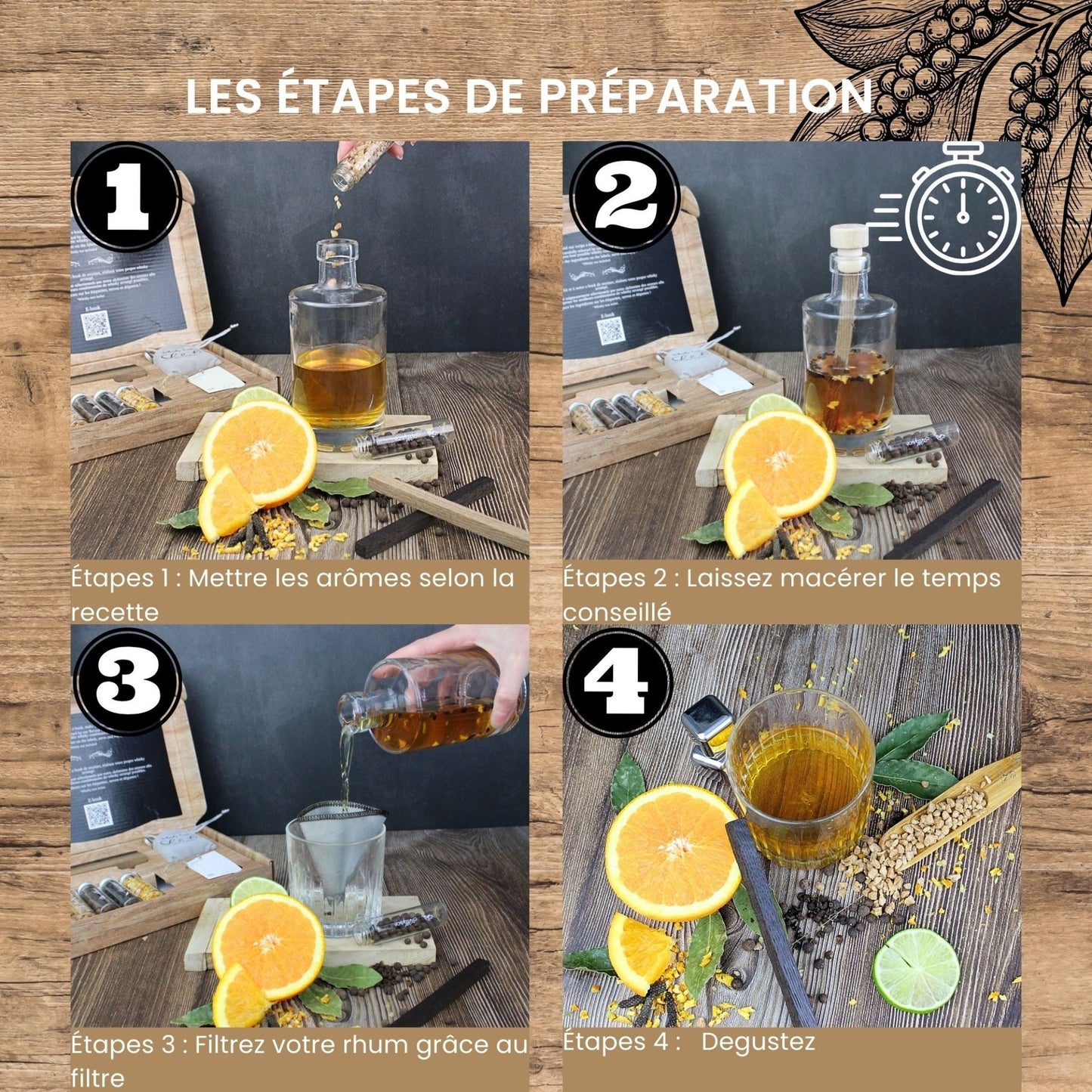 Les étapes de préparation du kit whisky arrangé de Louise & Gaston