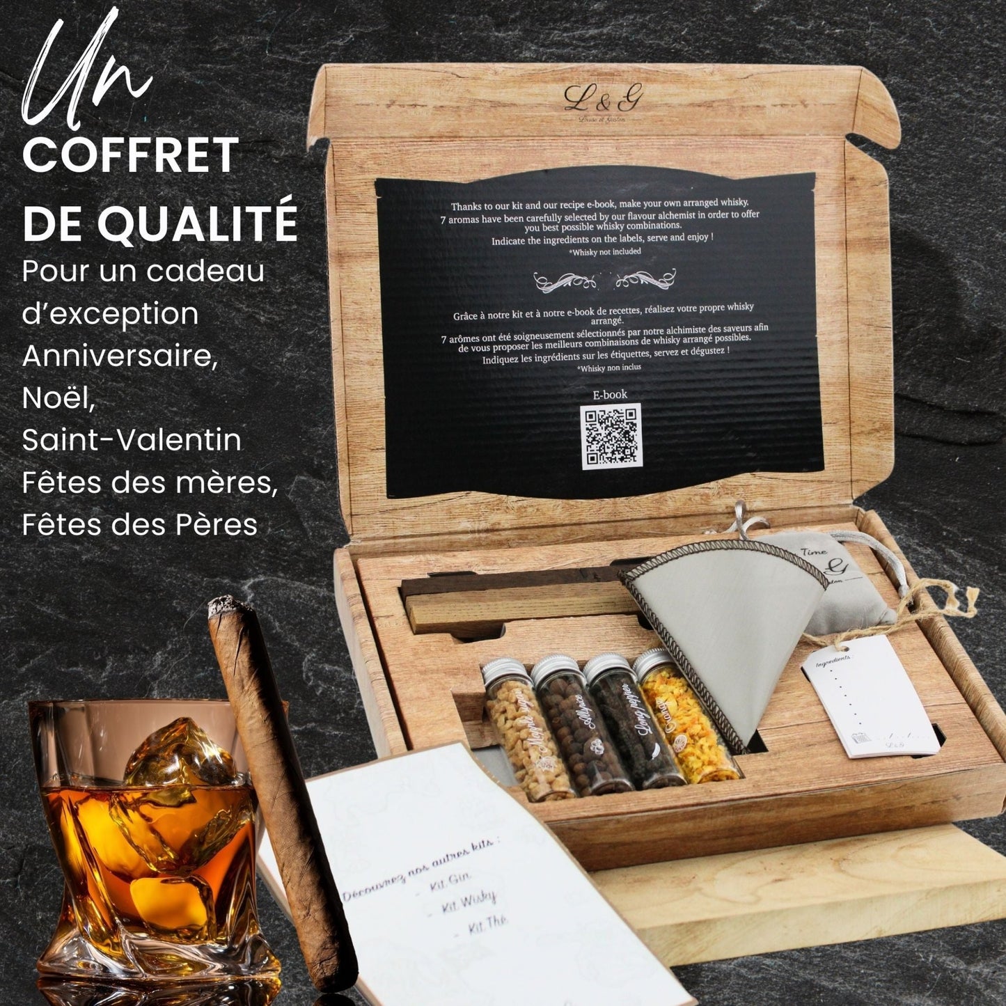 Le Kit whisky est un coffret de qualité pour un cadeau d'exception anniversaire, Noël, saint valentin et d'autres.