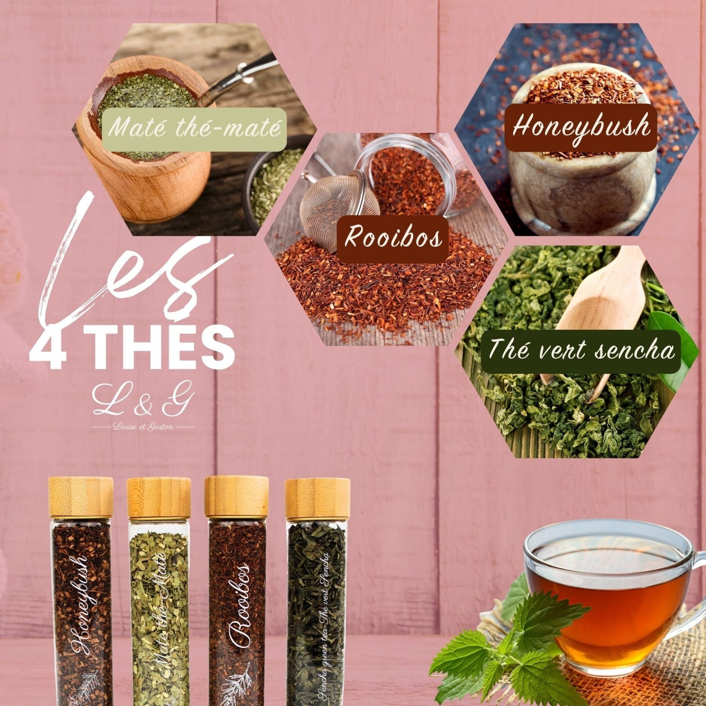 Présentation des 4 thés du Kit thé Louise & Gaston : honeybush, maté thé-maté, rooibos, thé vert sencha 